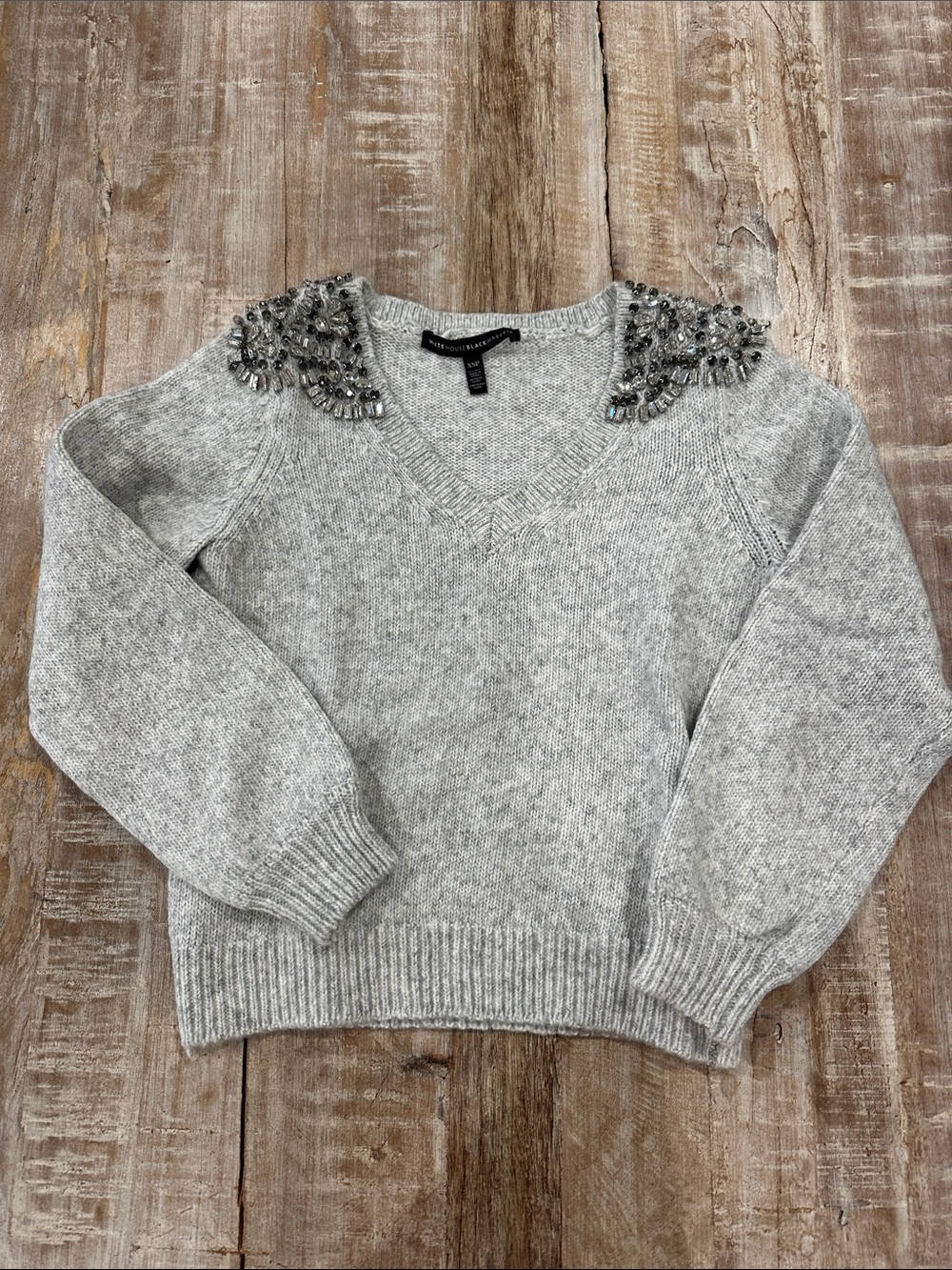 White House Black Market Light Gray Beaded Shoulder V-Neck Sweater